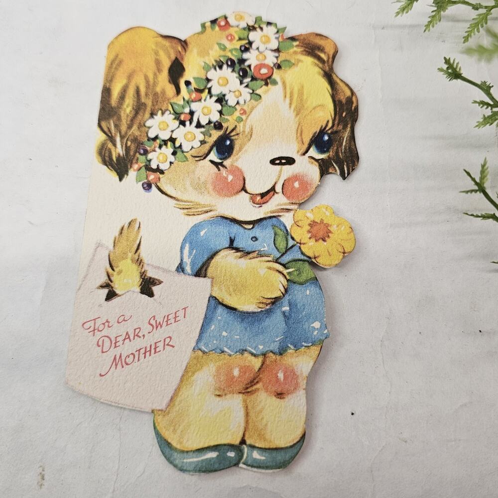 Vintage Greeting Card Mother's Day Baby Puppy Dog Doggie Die-Cut 1950s Unused